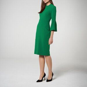 L.K. Bennett Green Doris Dress (Size 2) Bell Sleeve Pencil Fit Work Business